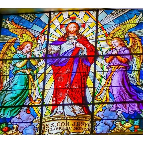 Colorful Jesus Archangels Stained glass Cathedral Puebla-Mexico Church built in 15 to 1600s